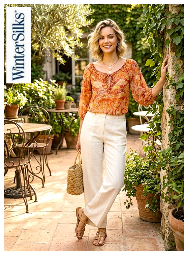 Winter Silks - 100% Silk Boho Short Sleeve Orange Paisley Blouse